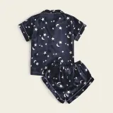 Women 2 Pieces Satin Silk Sleepwear Short Sleeve Mixed Print Shirt and Shorts Pajamas