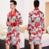 Men Satin Silk Sleepwear Long Sleeve Printed Robe Nightgown Pajamas