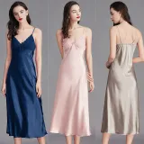 Women Satin Silk Sleep Dress Sleeveless Sling Bowknot Swing Maxi Dress Pajamas