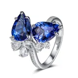 Sterling Silver Pave Zirconia Pear Cut Sapphire Adjustable Gemstone Rings