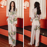 Women 2 Pieces Satin Silk Floral Printed Sleepwear Long Sleeve Surplice Top with Belt and Long Pants Pajamas Set