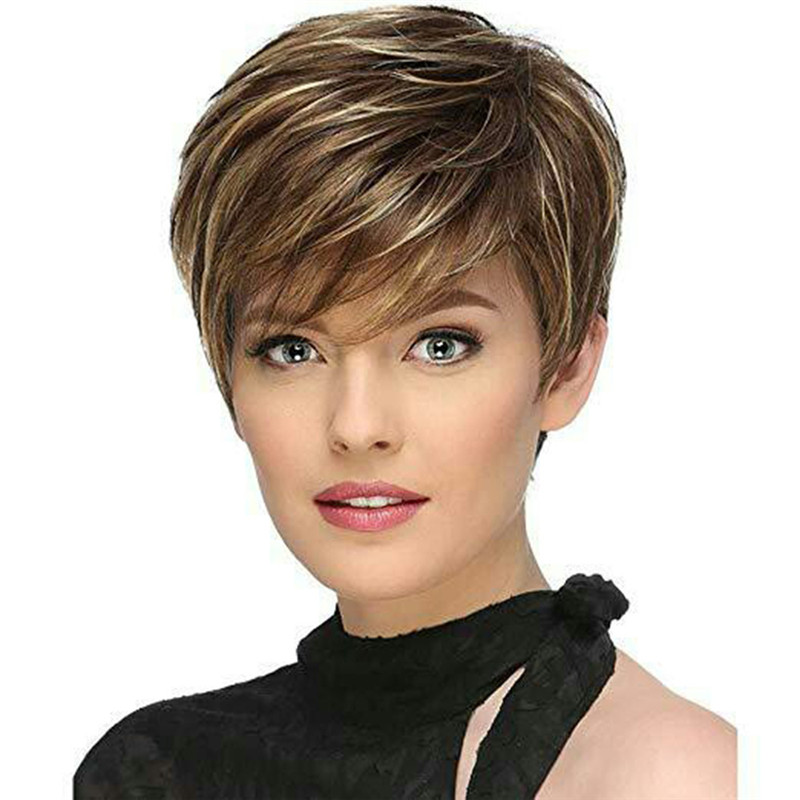 Women Synthetic Natural Mixed Color Pretty Short Fluffy Hair Wigs Lnclined Bang Wig