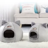 Grey Cat Ear Circular Semi Closed Plush Warm Dog Cat Kennel Pet House
