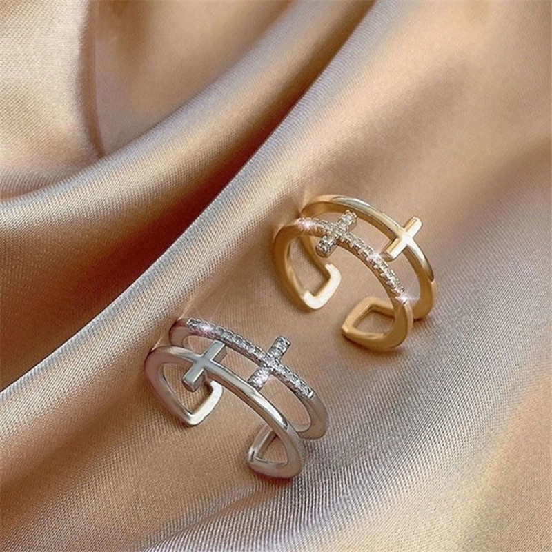 Silver Zircon Cross Fashion Jewelry Inlaid Diamond Adjustable Size Women Ring