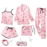 Women 7 Pieces Satin Silk Sleepwear Long Sleeve StripeD Shirt and Pants with Eye Mask and Headband Pajamas Set