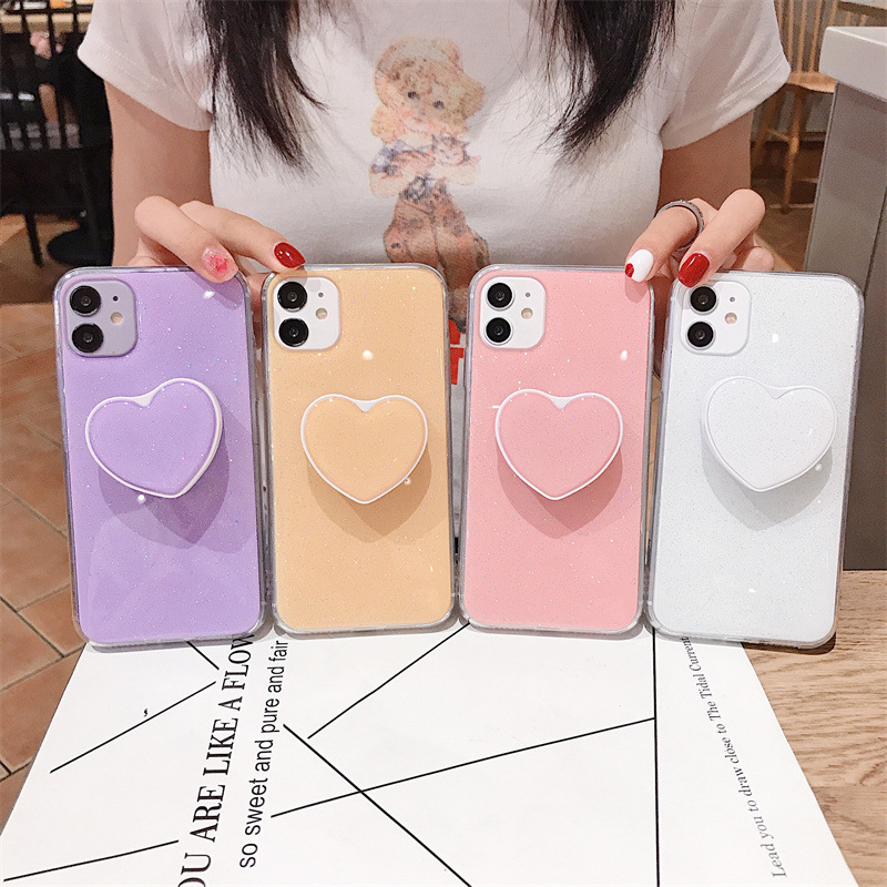 Pure Color Glitter Powder Drop Proof Phone Case for iPhone13 12 11 Pro Max with Heart Bracket