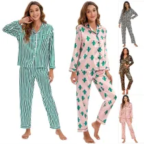 Women 2 Pieces Satin Silk Sleepwear Leopard Print Long Sleeve Shirt and Pants Pajamas