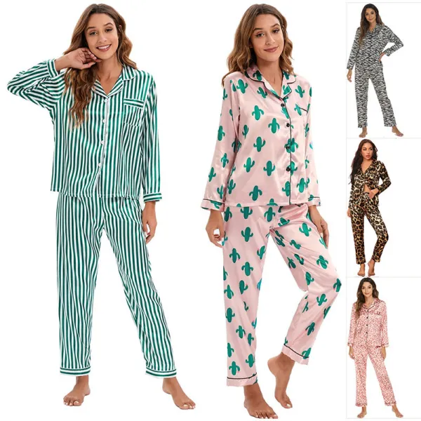 Women 2 Pieces Satin Silk Sleepwear Leopard Print Long Sleeve Shirt and Pants Pajamas