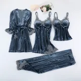 Women 4 Pieces Gold Velvet Sleepwear Cami Top and Pants Robe Pajamas Set