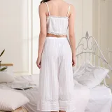 Women 2 Pieces White Sleepwear Silk Sling Vest Lace Top and Long Pants Pajamas Set