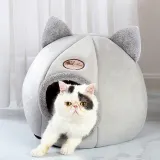 Grey Cat Ear Circular Semi Closed Plush Warm Dog Cat Kennel Pet House