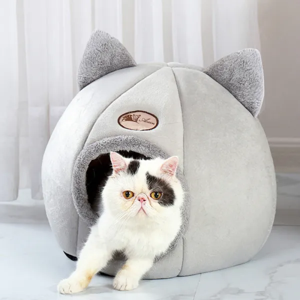 Grey Cat Ear Circular Semi Closed Plush Warm Dog Cat Kennel Pet House