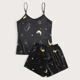 Women 2 Pieces Satin Silk Sleepwear Leopard Print Sling Tops and Shorts Pajamas