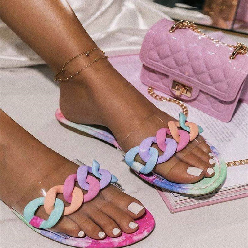 Women Candy Rainbow Rings Flat Summer Slippers