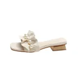Women Pearls Open Toe Bare Flat Heel Leisure Sandalias Slippers