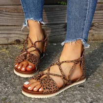 Women Leopard Lace Up Flat Sandals Shoes