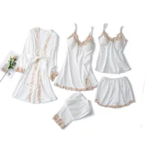 Women 5 Pieces Satin Silk Sleepwear Solid Color Robe and Sleep Dress Pajamas Set