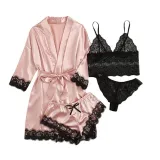 Women 4 Pieces Satin Silk Sleepwear Nightgown Lace with Lingerie Pajamas Set