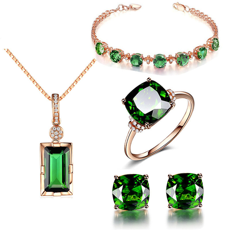 Emerald Cube Pendant Chain Jewelry Necklaces Women Rings Jewelry Sets