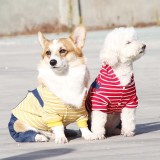 Pet Dog Cloth Corgi Striped T-shirt Denim Overalls