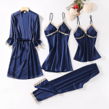 Women 4 Pieces Satin Silk Sleepwear Lace Robe Nightgown and Cami Tops Pants Pajamas Set