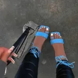 Trap Wrap Around Ankle Rope Trendy Square Toe Lace Up Women Flat Sandals
