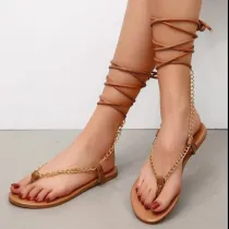 Women Sexy Metallic Chain Ankle Flip Flops Lace Up Flat Sandals