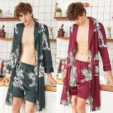 Women 2 Pieces Satin Silk Sleepwear Printed Robe Nightgown and Shorts Pajamas Set