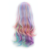 Women Synthetic Rainbow Ice Cream Cosplay Long Wavy Hair Wigs Middle Parting Curly Wig