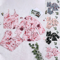 Women 3 Pieces Satin Silk Sleepwear Floral Printed Cami Top Shorts and Robe Pajamas Set