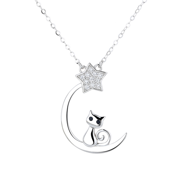 Sterling Silver Diamond Moon Cat Solitaire Pendant Necklace