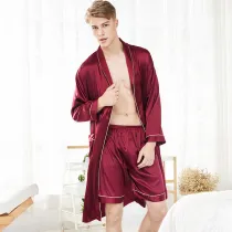 Men 2 Pieces Satin Silk Sleepwear Long Sleeve Robe Nightgown and Shorts Pajamas Set