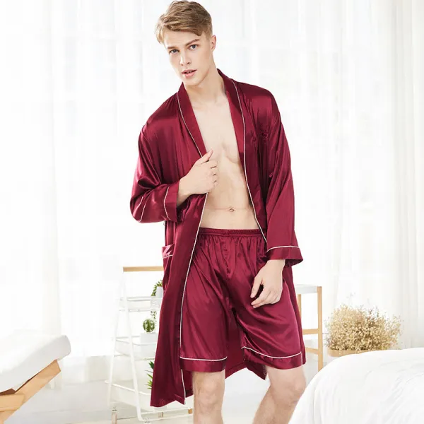 Men 2 Pieces Satin Silk Sleepwear Long Sleeve Robe Nightgown and Shorts Pajamas Set