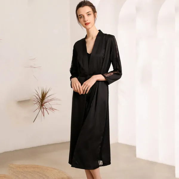 Women 2 Pieces Nightgown Silk Sling Sleeveless Lace V-Neck Midi Dress and Robe Pajamas Set