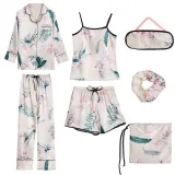 Women 7 Pieces Satin Silk Sleepwear Cami Tops and Long Sleeve Shiet with Eye Mask Pajamas Set