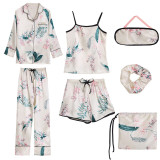 Women 7 Pieces Satin Silk Sleepwear Cami Tops and Long Sleeve Shiet with Eye Mask Pajamas Set
