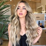 Women Synthetic Long Gradient Golden Wigs Wavy With Middle Parting Curly Wig