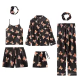 Women 7 Pieces Satin Silk Sleepwear Floral Printed Long Sleeve Shirt Sling Top and Pants Pajamas Set
