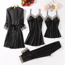 Women 4 Pieces Satin Silk Sleep Dress Nightgown Cami Top and Pants Pajamas Set