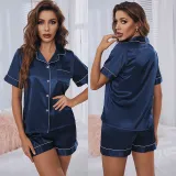 Women 2 Pieces Satin Silk Sleepwear Short Sleeve Button Shirt and Shorts Pajamas Set