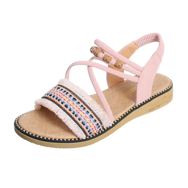 Women Comfortable Tassels Hand Woven Flat Boho Sandals