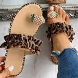 Women Rhinestone Crystal Pearls Pineapple Flip Flop Ruffles Flat Slip-on Sandals Slippers
