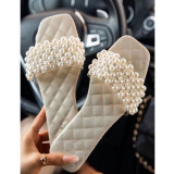 Women Pearl Diamond Flat Summer Sandals Slippers