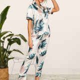 Women 2 Pieces Satin Silk Sleepwear Palm Printed Short Sleeve Shirt and Pants Pajamas Set