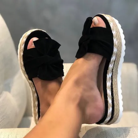 Women Bowknot Slippers Casual Beach Muffin Slip On Platform Sandals