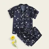 Women 2 Pieces Satin Silk Sleepwear Short Sleeve Mixed Print Shirt and Shorts Pajamas