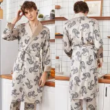 Men Satin Silk Sleepwear Long Sleeve Printed Robe Nightgown Pajamas