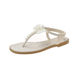 Women White Pearls Bow Tie Flip-Flops Ankle Buckle Sandals