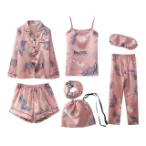 Women 7 Pieces Satin Silk Sleepwear Long Sleeve Shirt and Pants with Eye Mask and Headband Pajamas Set