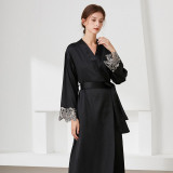 Women Silk Long Sleeve Surplice Nightgown Dress with Belt